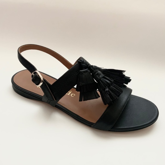 KATE SPADE NEW YORK LA DANSE Black Leather Tassel Flat Ankle Strap Sandals 6.5 - Picture 15 of 16